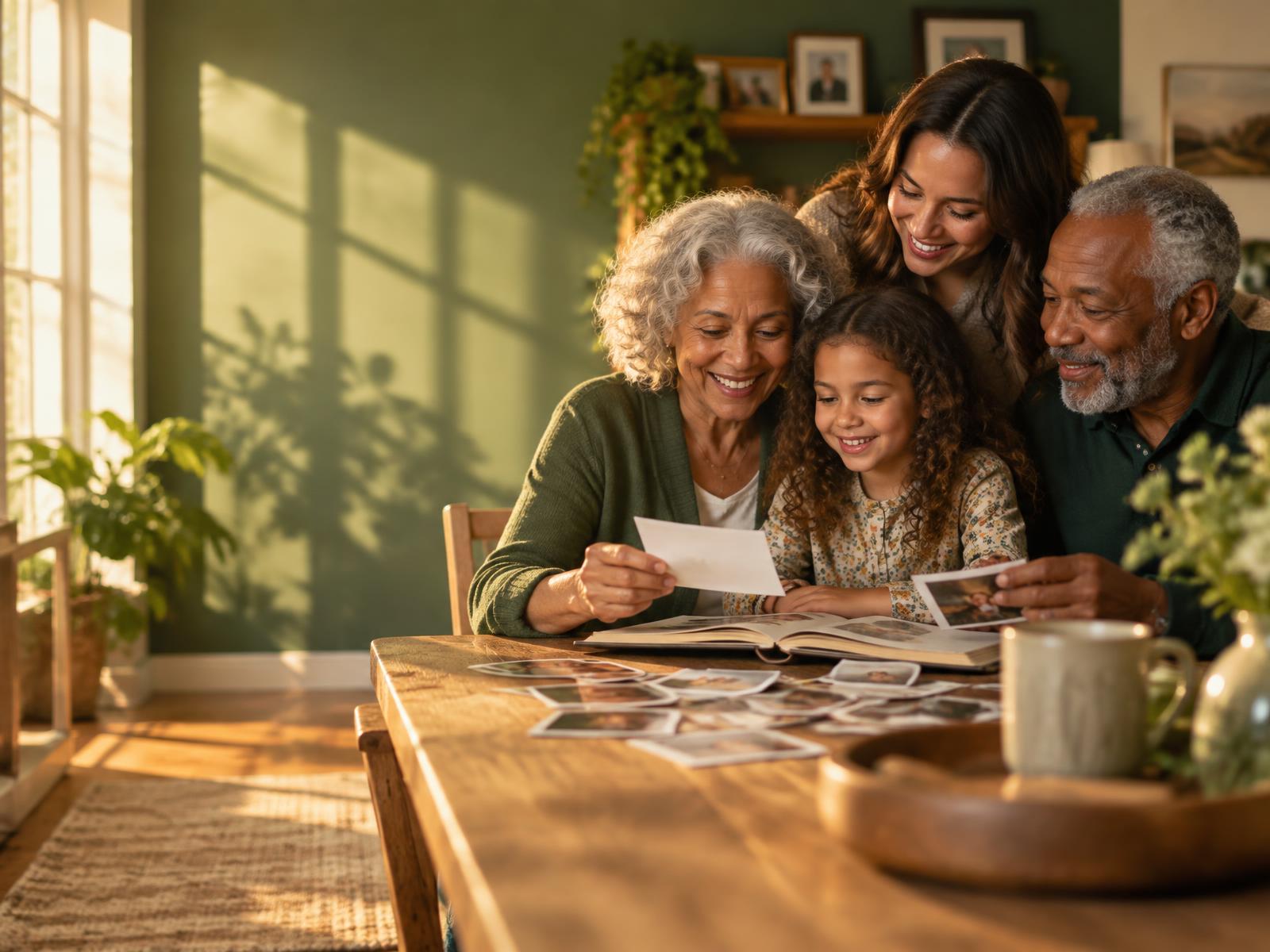 A multigenerational family sharing photographs around a table